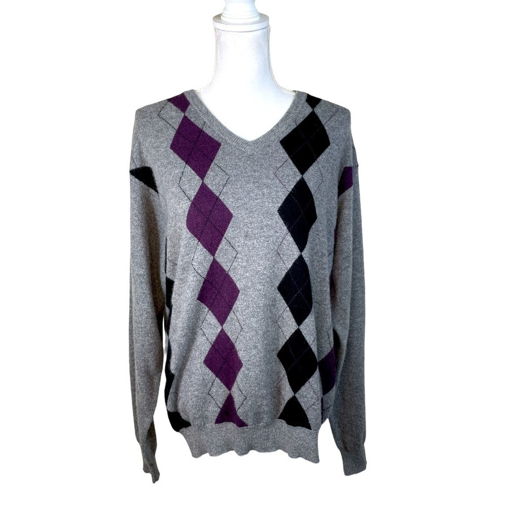 American Blue Cashmere V-Neck Pullover Sweater Argyle Academia Collegiate Preppy